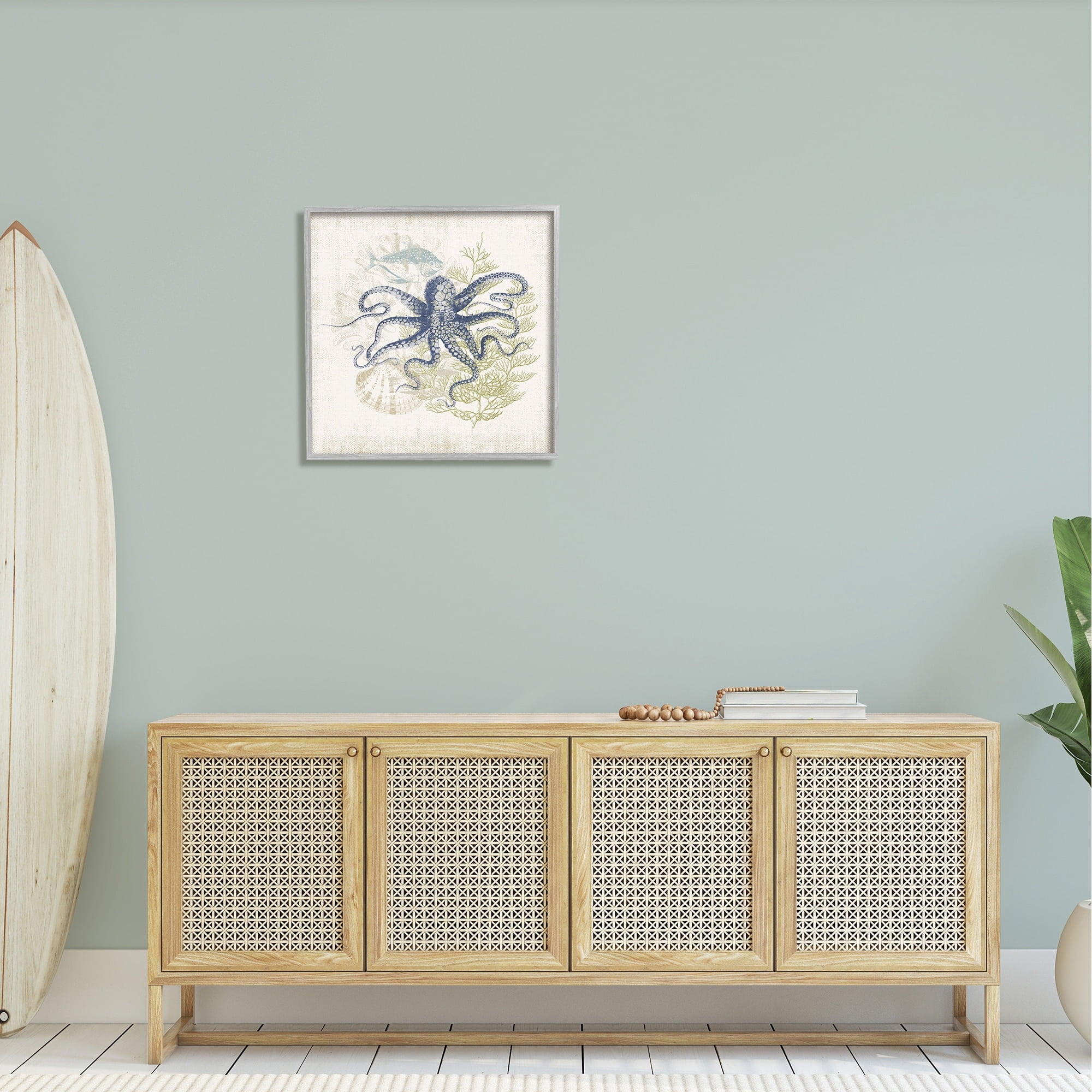 Stupell Industries Weathered Sea Life Overlay Pattern Aquatic Octopus Graphic Art Gray Framed Art Print Wall Art, Design by Victoria Barnes