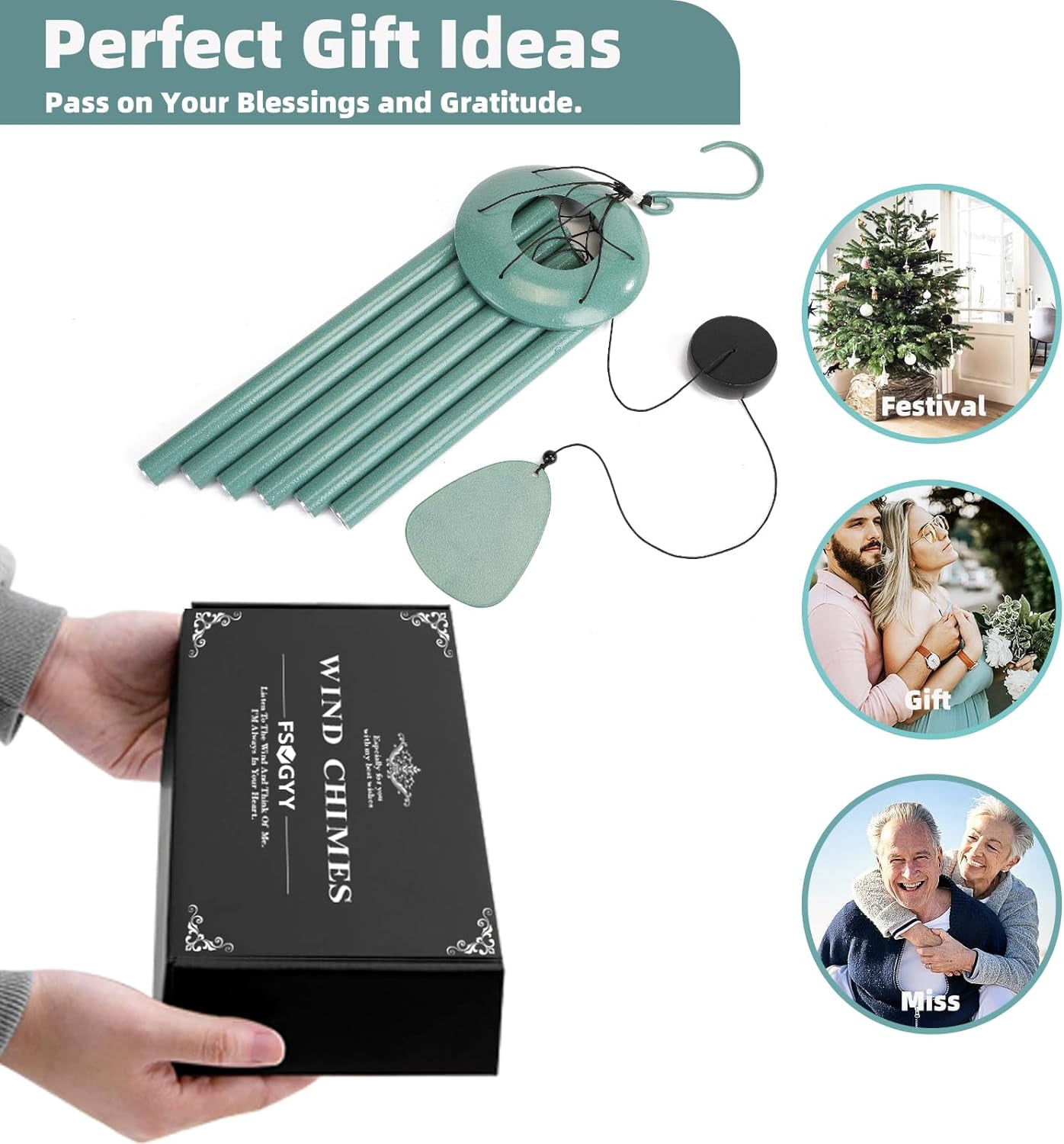 Wind-Chimes-Outdoor-Deep-Tone, Large Soothing Melodic Tones Windchimes, Wind Chimes for Outside, Memorial Wind Chimes Best Gift for Mom Women Grandma Neighbors(32" Cyan Coated Aluminum)