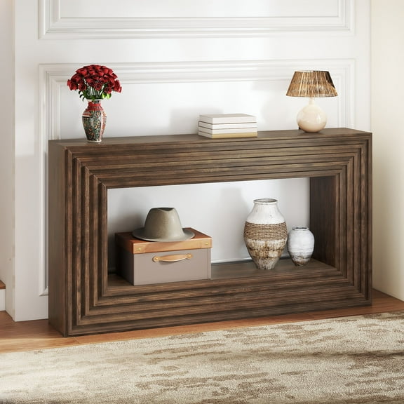 DEXTRUS 61"W Rustic Console Table with Open Storage, Entryway Sofa Side Table, Walnut