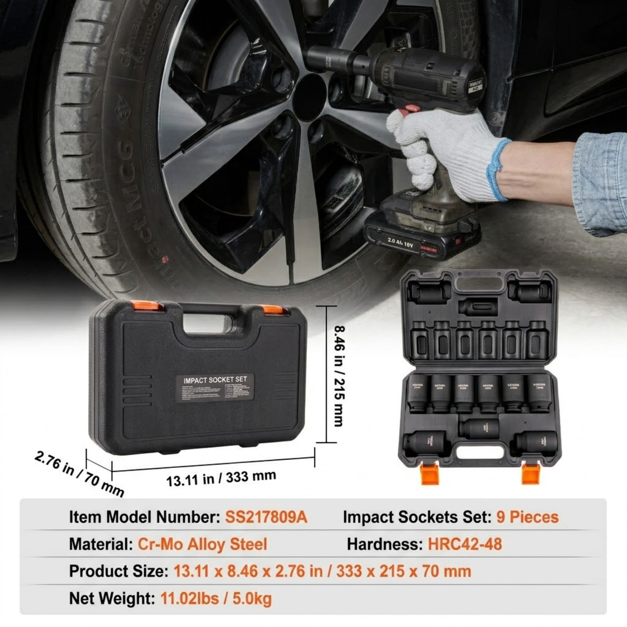 9-Piece 1/2" Drive Deep Impact Socket Set, Metric 29-38mm, 6-Point Cr-Mo Steel with Storage Case