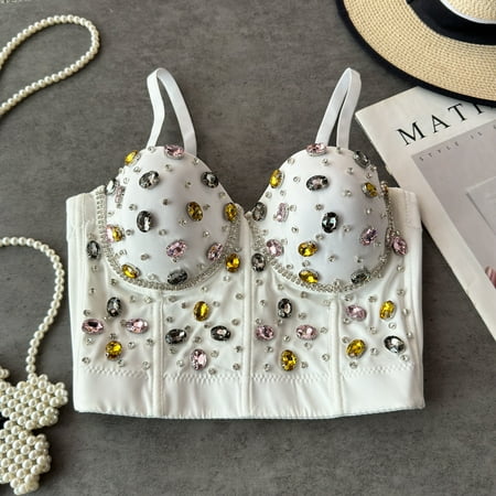 Fashion Tank Top for Women with Built in Bra Beading Spaghetti Strap Backless Camisole Cropped Summer Camis Summer Dropshipping