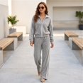 thumbnail image 6 of Szluipve 2 Piece Sets for Women 2 Piece Outfits Side Stripe Zip Up Collar Jacket & Wide Leg Pants Set Ribbed Textured Casual Tracksuit Loungewear Suit for Daily Travel Gray S, 6 of 7