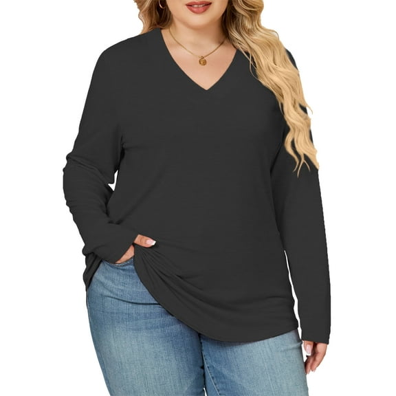 NISVIYA Winter Womens Tops Plus Size Dressy Casual Long Sleeve V Neck Work Tunics Tees Black