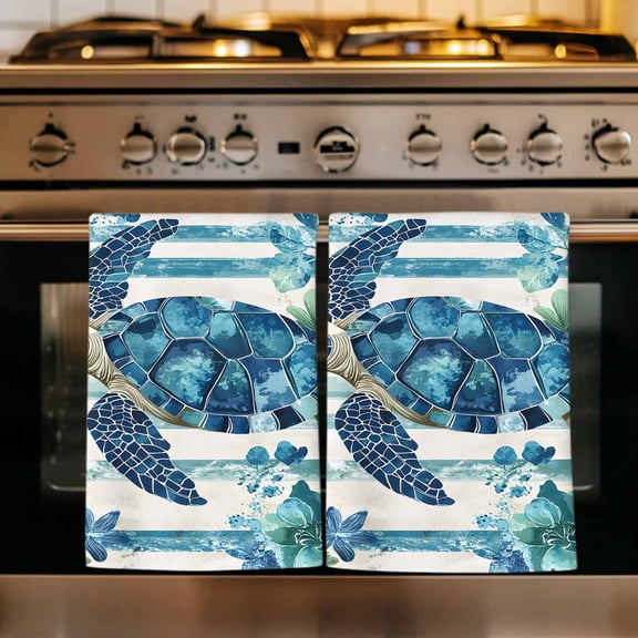 Teal Blue Turtle Coastal Kitchen Towels Set of 2, Vintage Stripe Botanical Beach Absorbent Dish Towels for Kitchen, Microfiber Hand Towel, Quick Drying Tea Towel for Cleaning Decorative Dishcloths