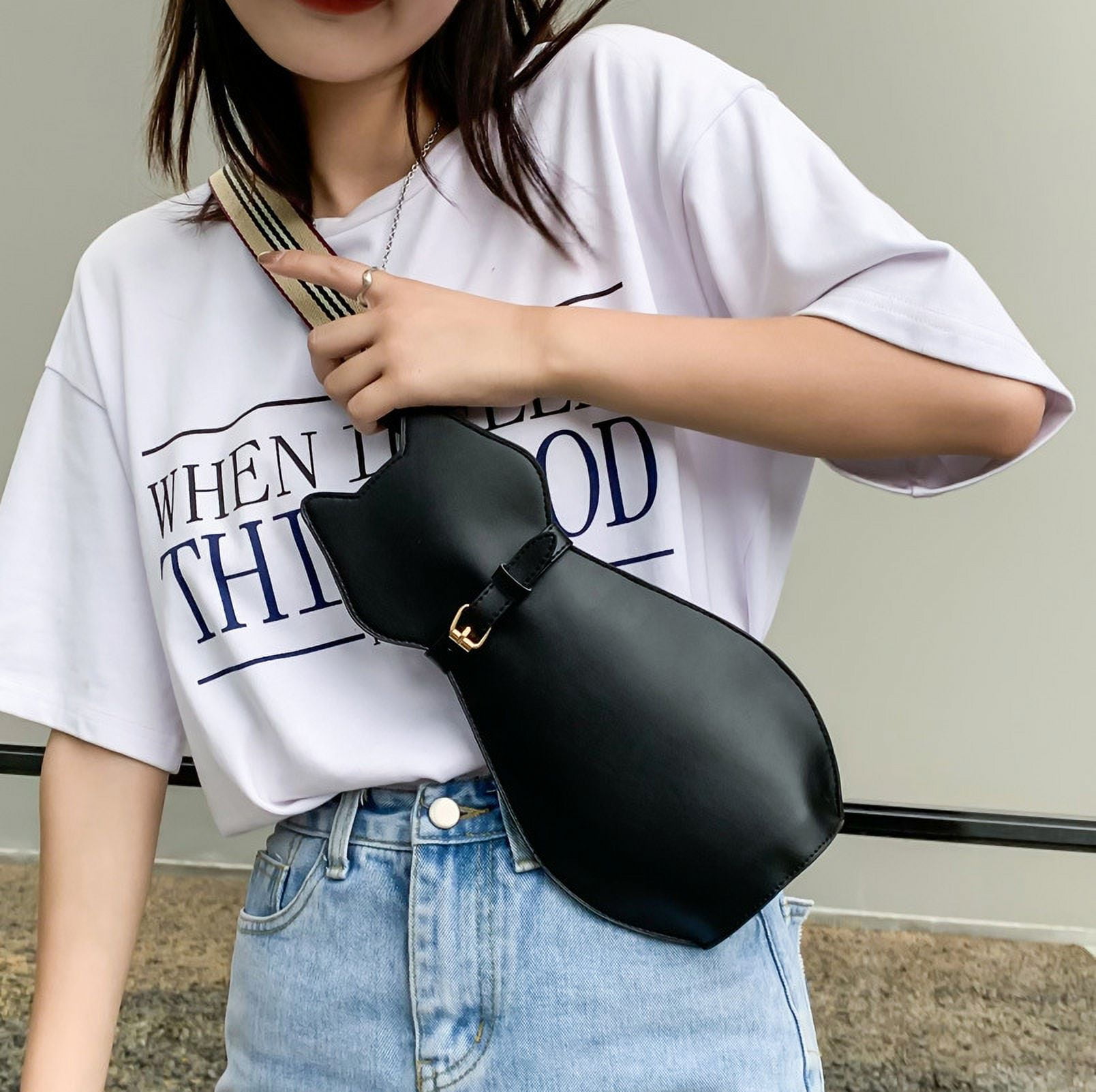 Baguery Cute Cat Shaped Crossbody Bag - Creative Wide Strap Chest Bag, Cartoon Novelty Purse for Sports & Travel