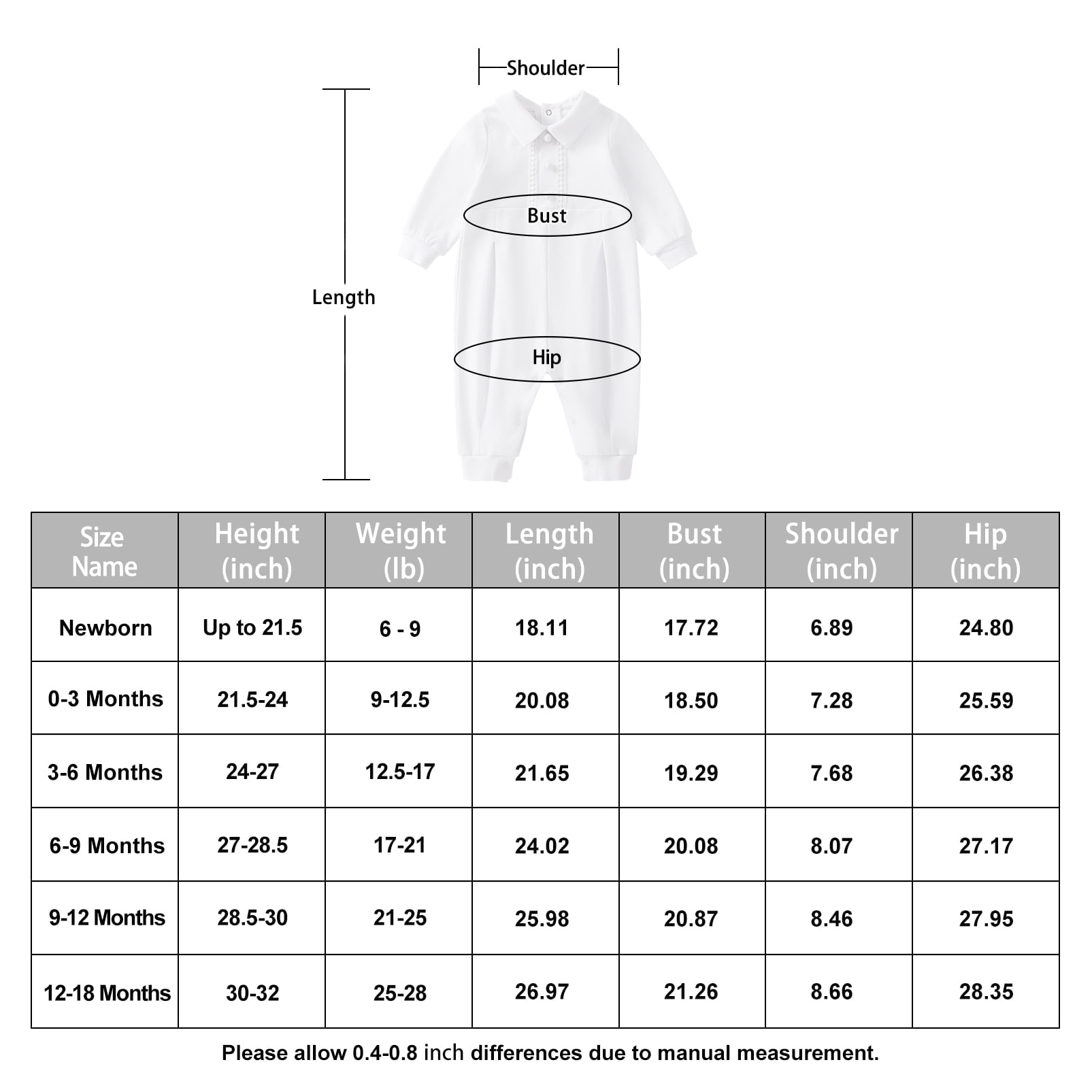 pureborn Baby Boys Baptism Outfits Long Sleeve Jumpsuit with Bonnet 2 Pcs Spring Fall Cotton Christening Clothing White 3-6 Months