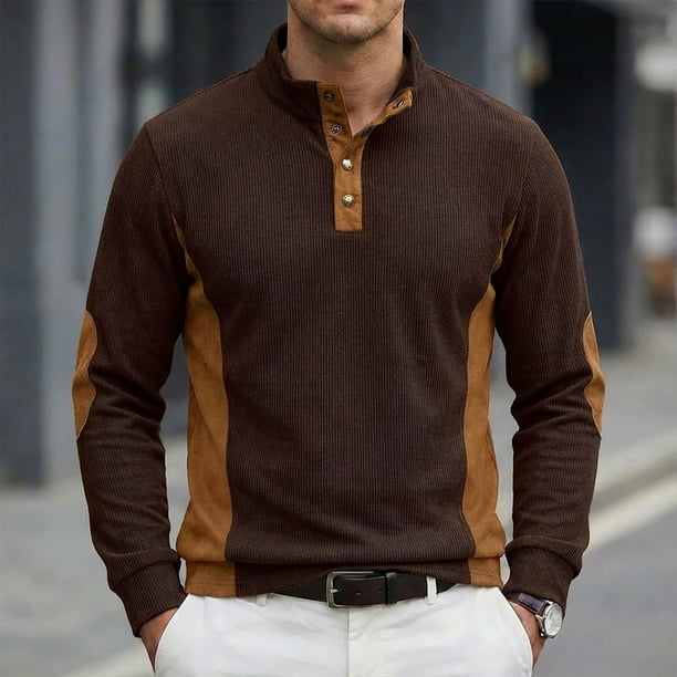 Ceisia Men's Loose Fit Long Sleeve Henley Shirts with Color Block Patchwork, Stretch Cotton Blend Stand Collar Casual Tops Gifts