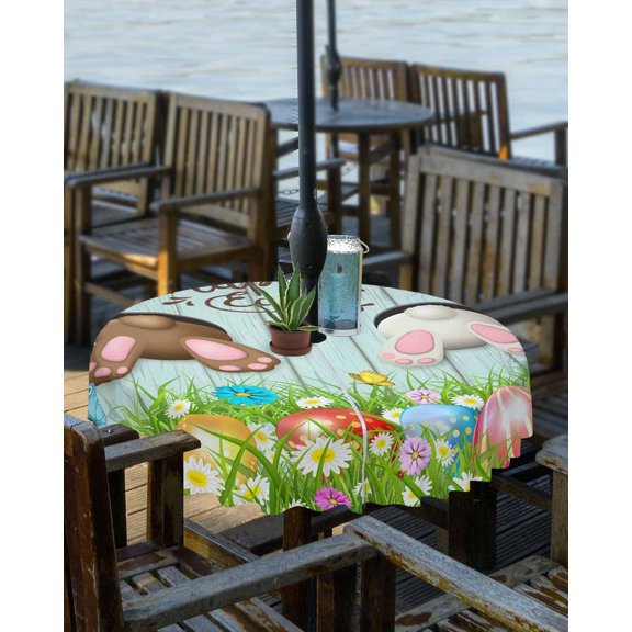 Easter Bunny Butt Outdoor Round Tablecloth with Umbrella Hole 60 Inch,Wrinkle Free Wipeable Fabric Table Cloth Waterproof Zippered Cover for Camping Picnic Patio Party,Easter Egg Daisy Aqua Wood Grain