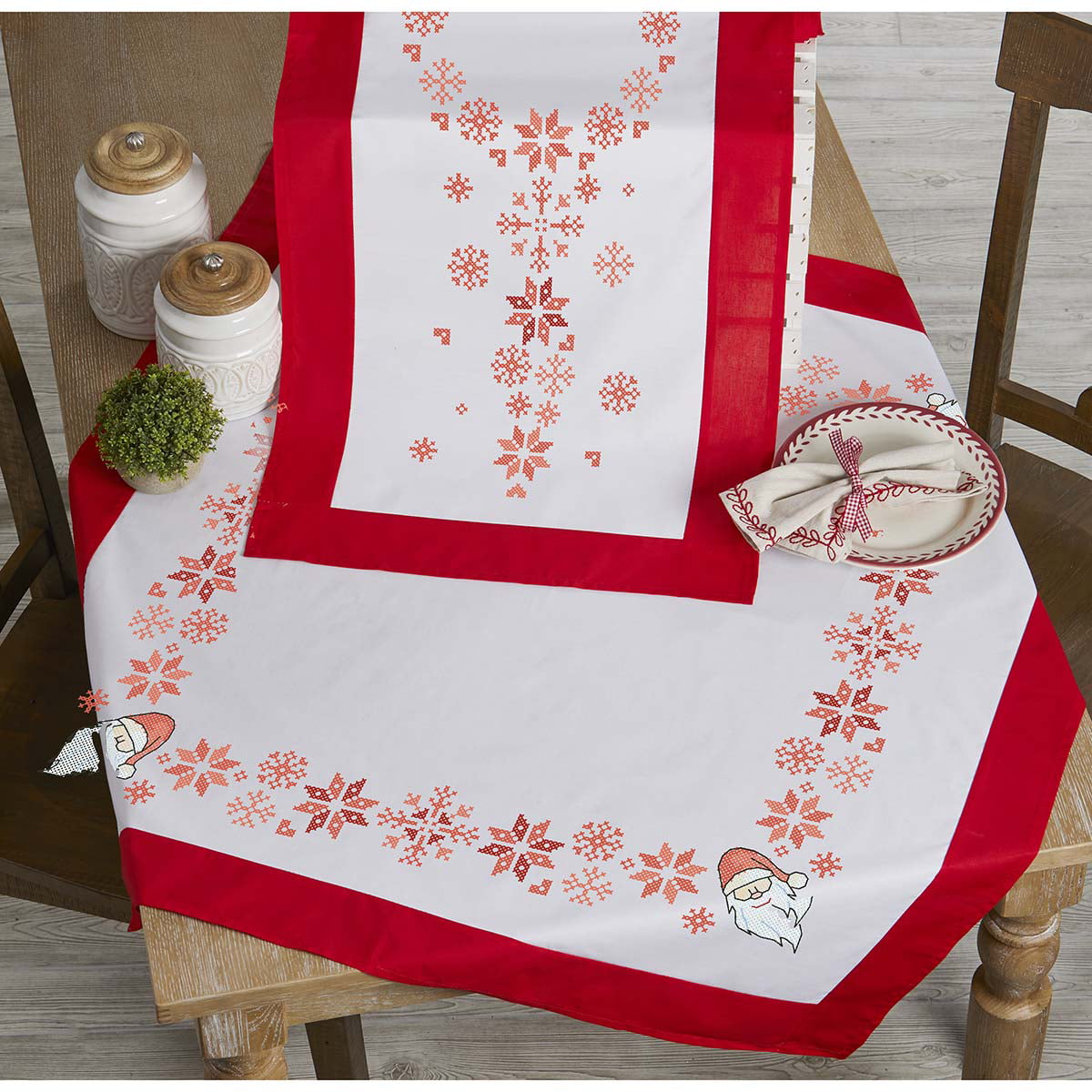 Herrschners 12 pc JOLLY TIMES Table Linens Stamped cross stitch Santa Christmas 