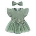 thumbnail image 2 of Infant Ribbed Romper Dress with Skirt 3D Floral Waist Detail Short Flutter Sleeves Cute Summer Outfit Green 3-6 Months, 2 of 8