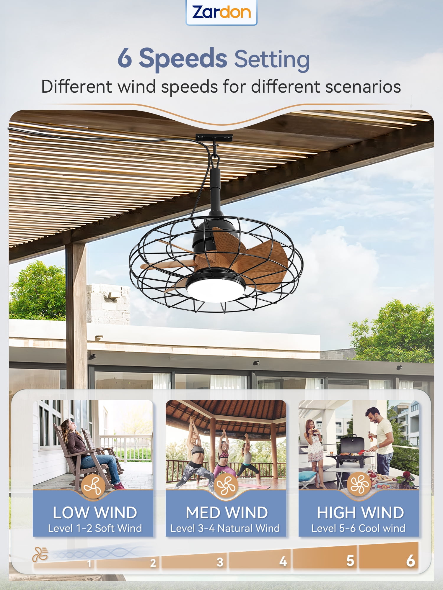 Zardon 18" Gazebo Fan for Patio, Outdoor Caged Ceiling Fan with LED Light, Quiet DC Motor and 6 Speeds with Remote Control, IP65 Waterproof for Porch, Pergola Canopy