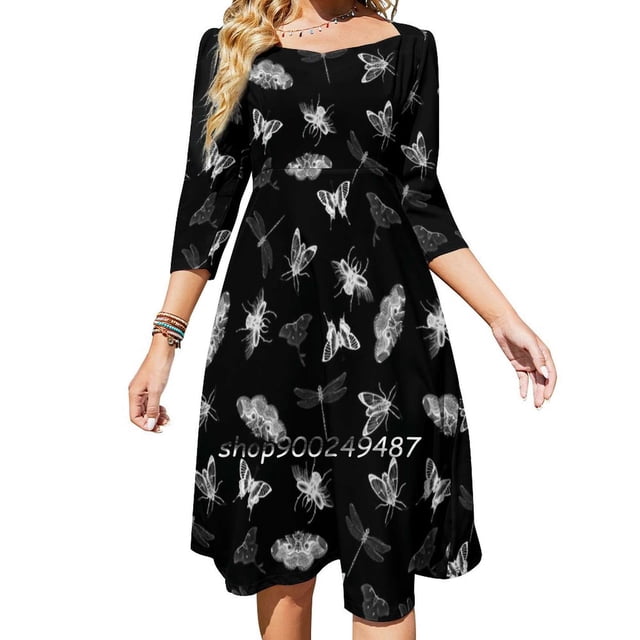 Entomologist s Sweetheart Knot Flared Dress Fashion Design Large Size Loose Dress Bugs Bug Pattern Insects Black And