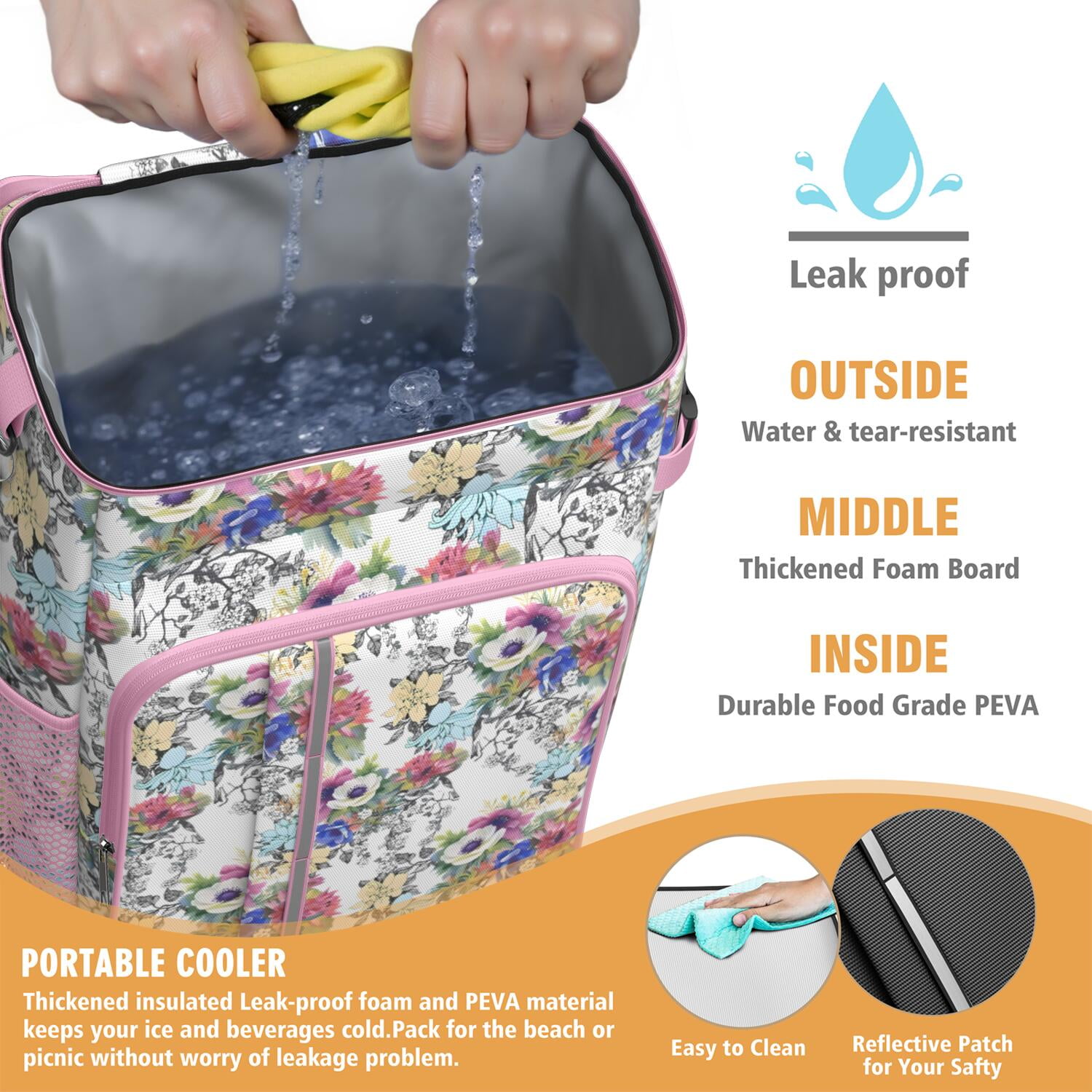Travel Cooler Bag - Pioneer Flower Floral Print Pattern Camping Beer Cooler Backpack with Bottle Opener- Waterproof Insulated Picnic Backpacks - Cooler Bag for Beach