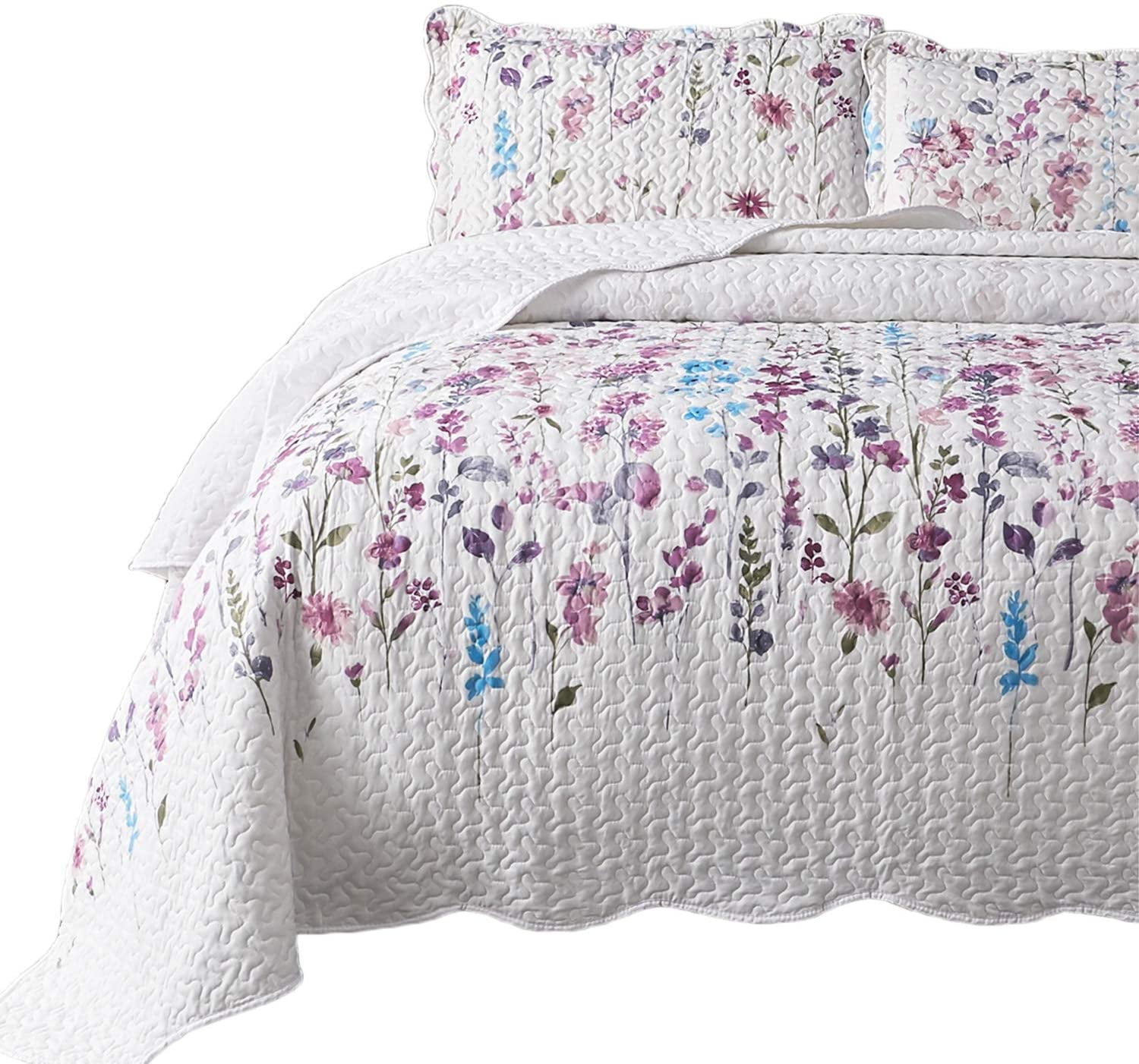 Golden Home King Size 106x96 Inches 3 Piece Quilt Set Coverlet Lilac Flower Pattern Lightweight Design For Spring And Summer 1 2 Pillow Shams Com Quilt And 2 Pillow Shams, Lightweight Summer Quilts King Size