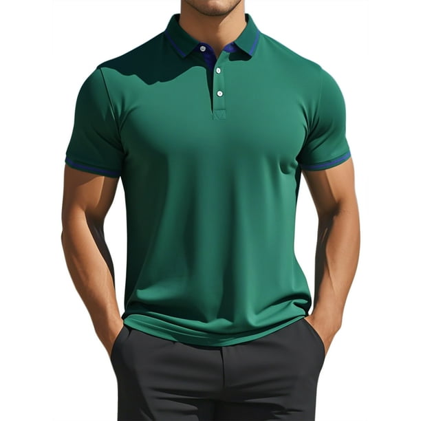CAMISAS POLO FORMAL DE GOLF PARA HOMBRE DE MANGA CORTA CON COLOR DE CONTRASTE L VERDE OSCURO