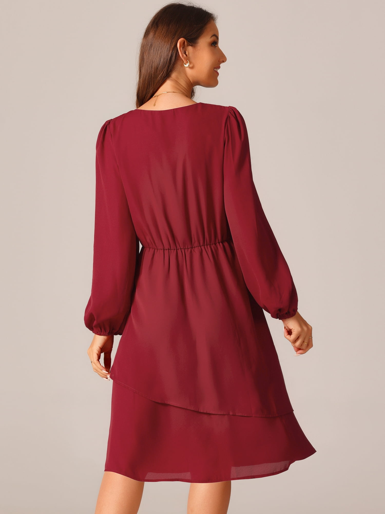 DARING DIVA Long Sleeve V Neck Dress High Waist Layered Dress XL Wine Red