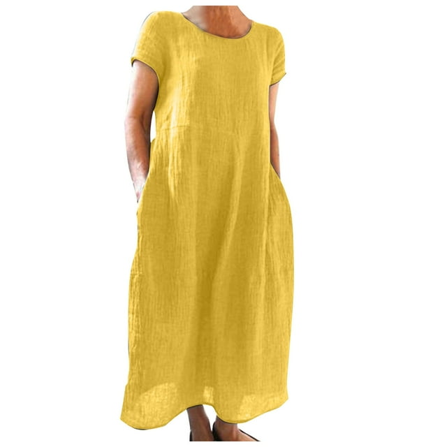 Ladies Summer Comfortable Loose Solid Color Short Sleeve Long Dress
