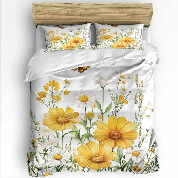 Spring Flower King Size Comforter Set, White Yellow Daisy Floral Butterfly Pastoral Soft Bedding for All Seasons, 4 Pcs Bed Set with 1Comforter (90"x106") ,1 Sheet(94"x116"), 2 Pillowcases (19"x35")