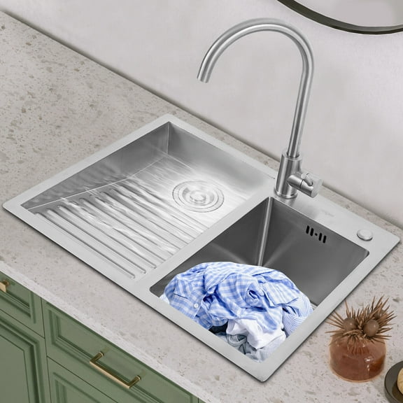 Stainless Steel Laundry Sink with Faucet & Washboard 2 Basins Welding Sink
