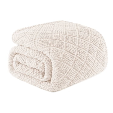 Whale Flotilla Fuzzy Fleece Queen Size Blanket for Bed, Soft Fluffy Jacquard Waffle Blankets for All Season, Lightweight and Warm, 90x90 Inch, Ivory