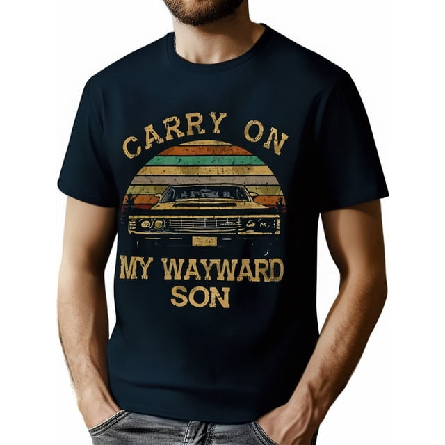 Camiseta gráfica vintage "Carry On My Wayward Son", corte regular, para toda la familia, con diseño de coche retro, 100 % algodón, lavable a máquina. Ideal para uso casual y al aire libre.