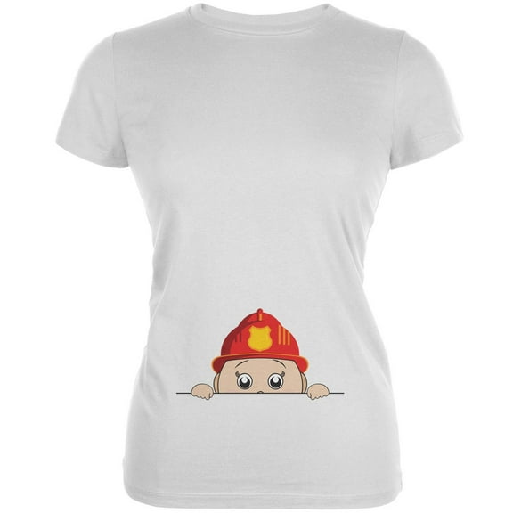 Peeking Baby Fireman White Juniors Soft T-Shirt - 2X-Large