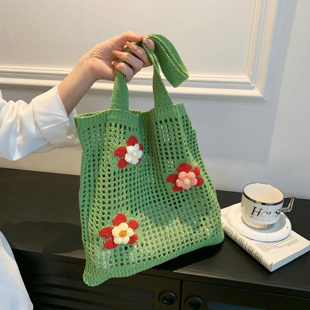 Kukuzhu Women Handmade Crochet Tote Bag Y2k Purse Cute Aesthetic Shoulder Bag Knitted Hobo Bag Mesh Beach Bag