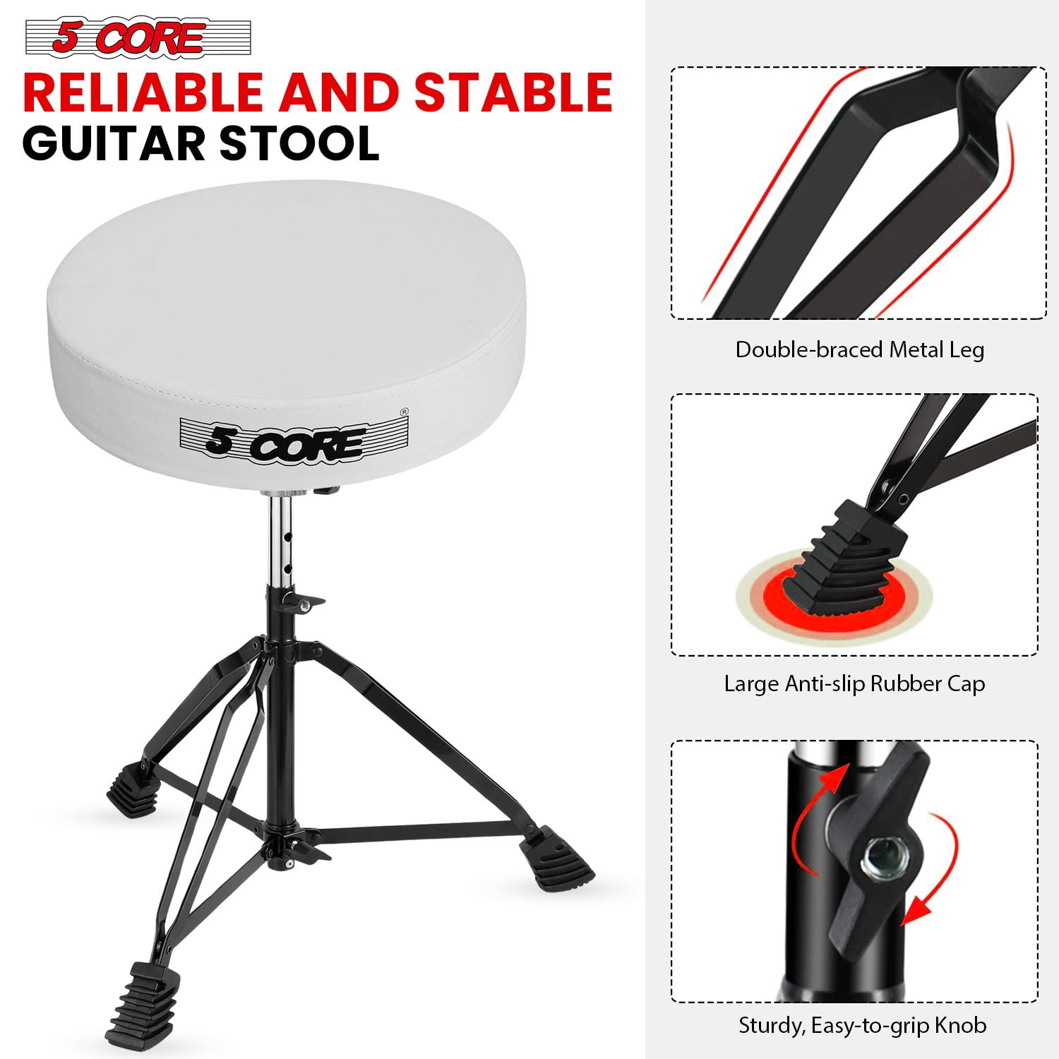 Drum Throne Padded Guitar Stool Height Adjustable Music Chair Seat Universal for Adults & Kids with Anti Slip Rubber Feet - DS BLKCH White