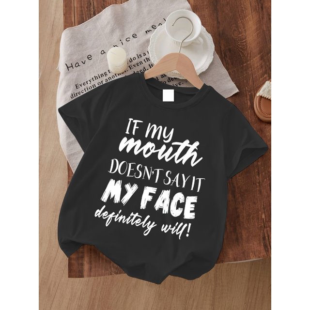 Retro-Inspired Girls' Casual T-Shirt with "If My Mouth Doesn't Say It, My Face Definitely Will!" Fun Letter Print - Soft Cotton, Crew Neck, Short Sleeve, Machine Washable - Perfect for Summ