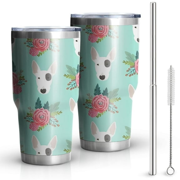30oz Bull Terrier Dog and Flower Florals Tumblers Stainless Steel Tumbler with Lid and Straw,Vacuum Insulated Double Wall Travel Tumbler Cups Mug with Cleaning Brush for Coffee,Tea