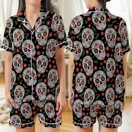 Lotusprinthandmade Sugar Skull All-over Print Satin Short-Sleeve Pajamas Set (No Pocket) (M) sugar skull satin pajama set day of the dead sleepwear