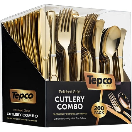 200-Piece Gold Plastic Cutlery Set - Disposable Gold Flatware - 100 Forks, 50 Spoons, 50 Heavy Duty Knives for Party Bulk