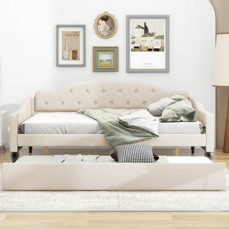 BARONAGE Full Size Upholstered Tufted Daybed, Twin Size Trundle Beige, Sofa bed in one piece