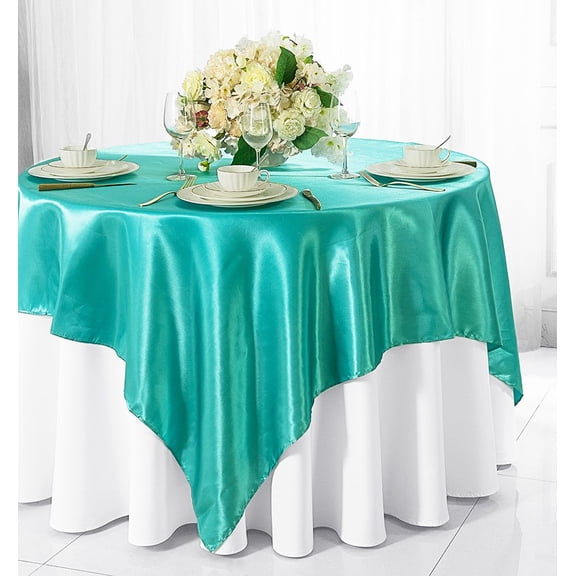 Wedding Linens Inc. (2 pcs) 54 inch Satin Square Table Overlay Topper - Pool Blue