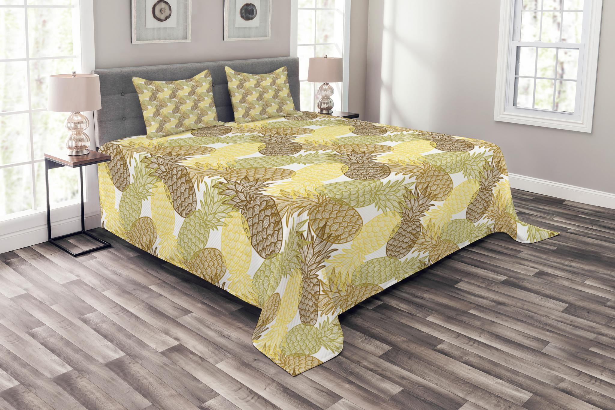 Pineapple Bedspread Set King Size, Summer Themed Overlapping Curving