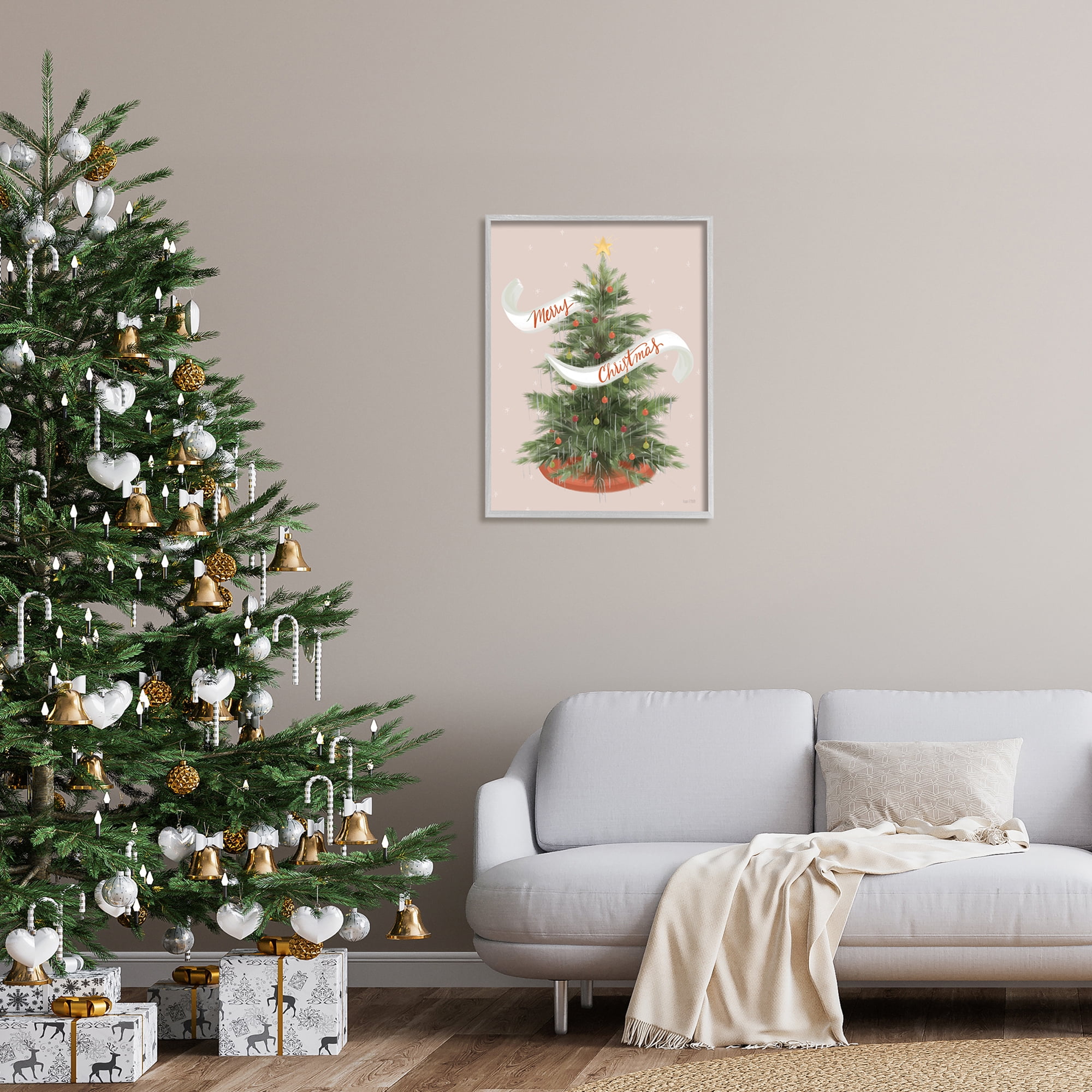 Merry Christmas Banner Decorated Christmas Tree Ornaments Botanical & Floral Graphic Art Framed Art Print Wall Art