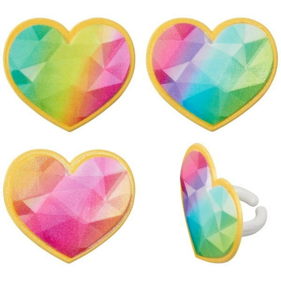 Rainbow Prism Heart Cupcake Rings - 12ct
