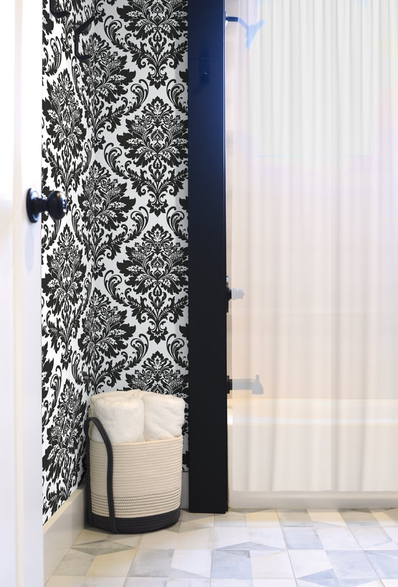 NextWall  Black Damask Peel and Stick Removable Wallpaper - 20.5 in. W x 18 ft. L