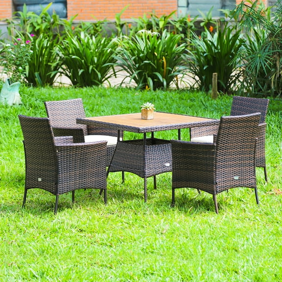 Costway 5 Piece PE Rattan Steel Sponge Acacia Wood Cushion Included Dining Furniture Sets Mix Brown