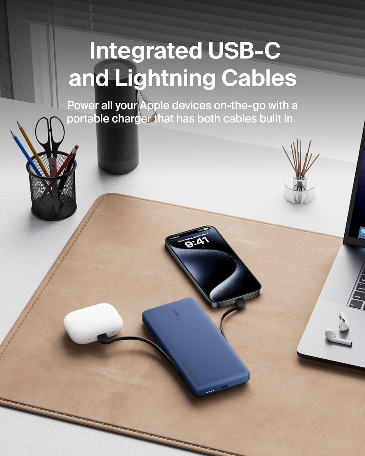 Belkin Power Bank, BoostCharge Plus 10k mAh Portable Charger w/Integrated Lightning Cable & USB-C Cable - iPhone Charger - Battery Pack for iPhone 16 Pro Max, iPhone 16, iPhone 15, iPhone 14 - Blue