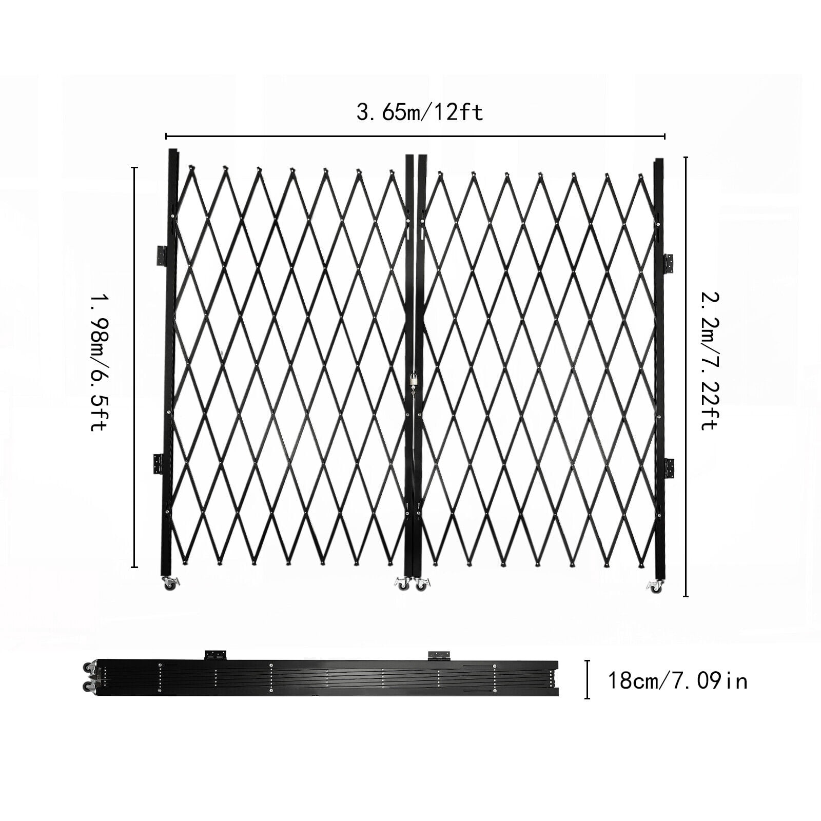 Expandable Door Gate 6-1/2'H x 12'W Scissor Gate Double Folding Security Gate Full Iron Frame (Ear Tabs And Padlock) Aluminum Mesh