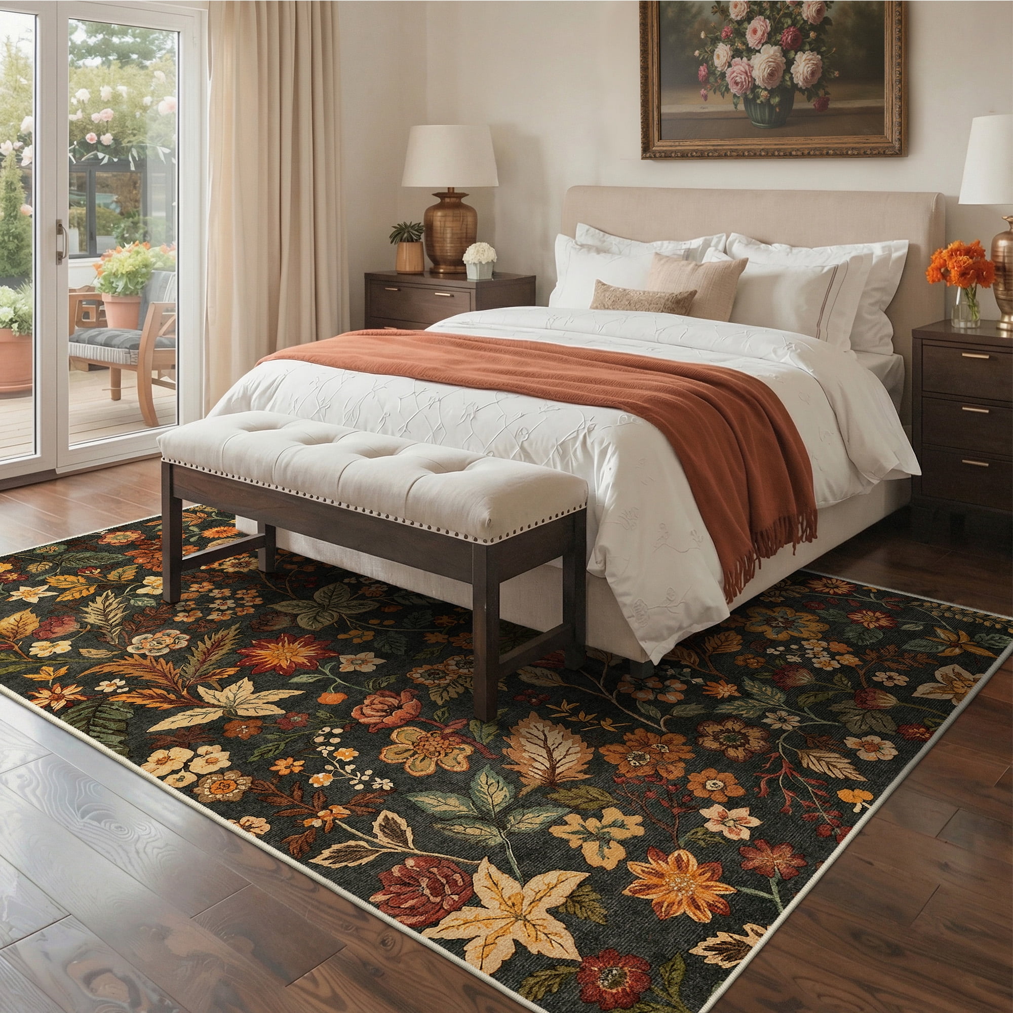 KUETH 5x7 Vintage Floral Area Rugs Machine Washable Rugs for Living Room, Non Slip Flat Pile Rug with Rubber Backing, Boho Rug for Entryway Bedroom Dining Room Home Office