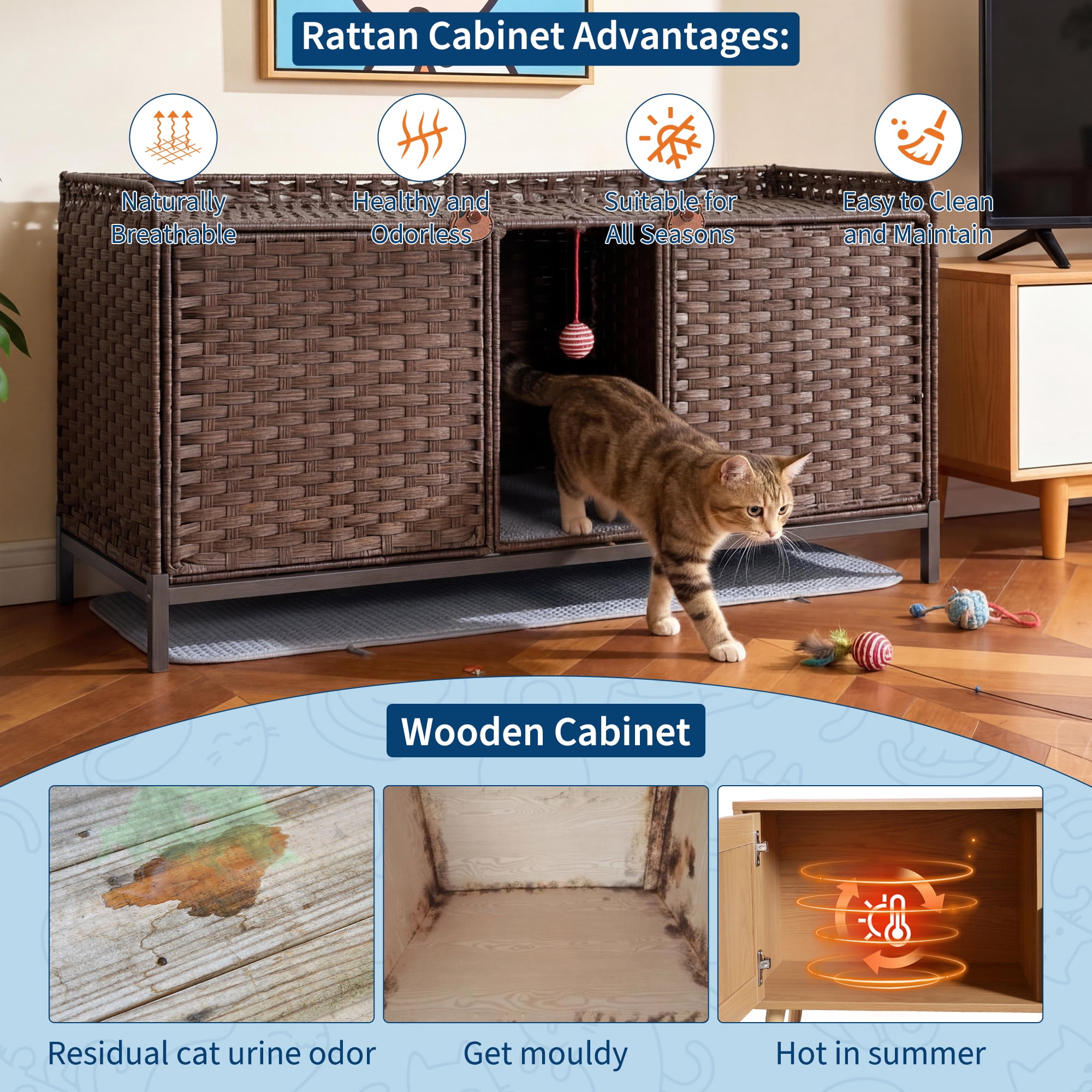 Rattan Double Cat Litter Box Enclosure - Hidden Cabinet for 2 Cats with Removable Mat, Play Game & S-Shaped Hooks - Large Decorative Cat Washroom Furniture for Living Room or Bedroom - Brown