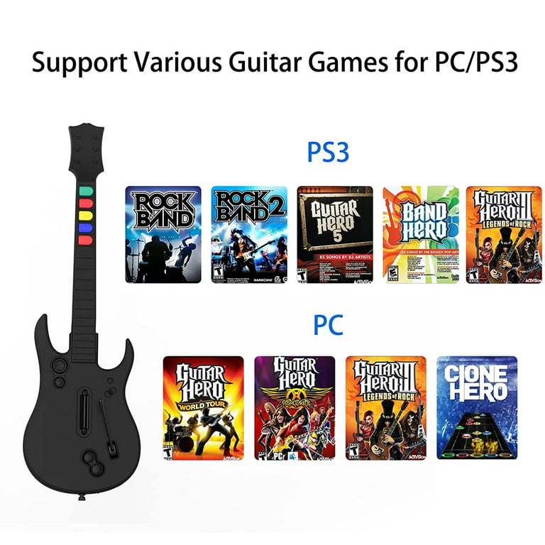 Guitar Hero Controller PC, Wireless PlayStation 3 PS3 /PC Guitar Hero  Guitar with Dongle for Clone Hero, Guitar Hero 3/4/5 Rock Band 1/2 Games  Black