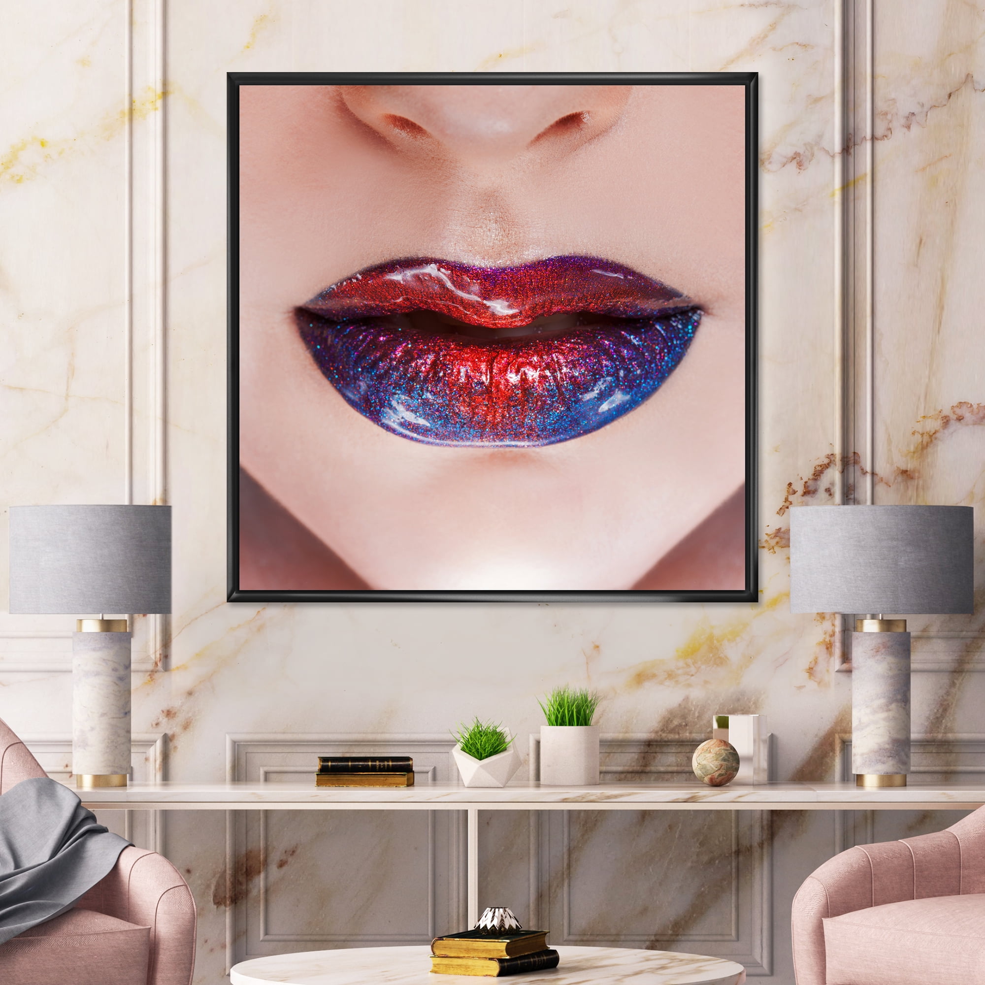 Designart 'Beautiful Women Lips With Red and Blue Lipstick' Modern Framed Canvas Wall Art Print
