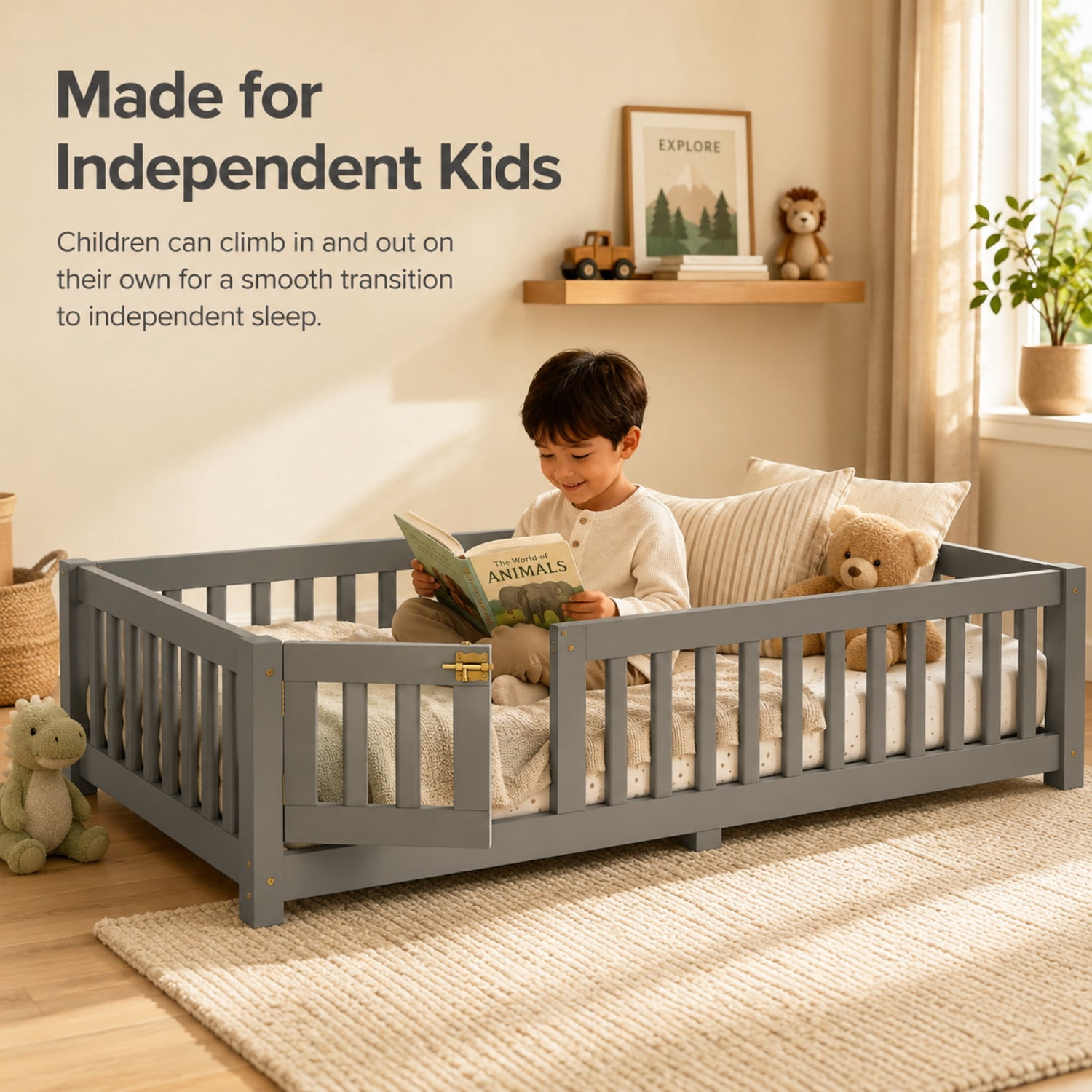 Miniyam Twin Floor Bed for Kids – Low Profile Wood Bed Frame with Rails, Gray