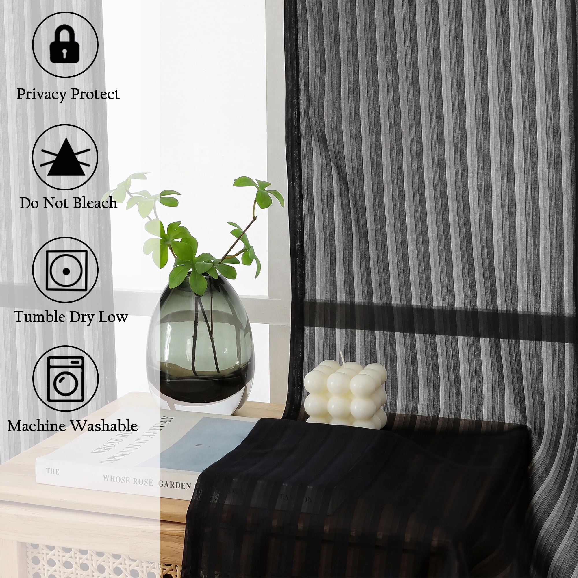 OVZME Luna 84" Black Striped Sheer Curtains 2 Panels - Light Filtering Privacy Sheers for Living Room Sliding Glass Doors, Vertical Stripe Textured Rod Pocket, 42"W x 84"L Each, Black