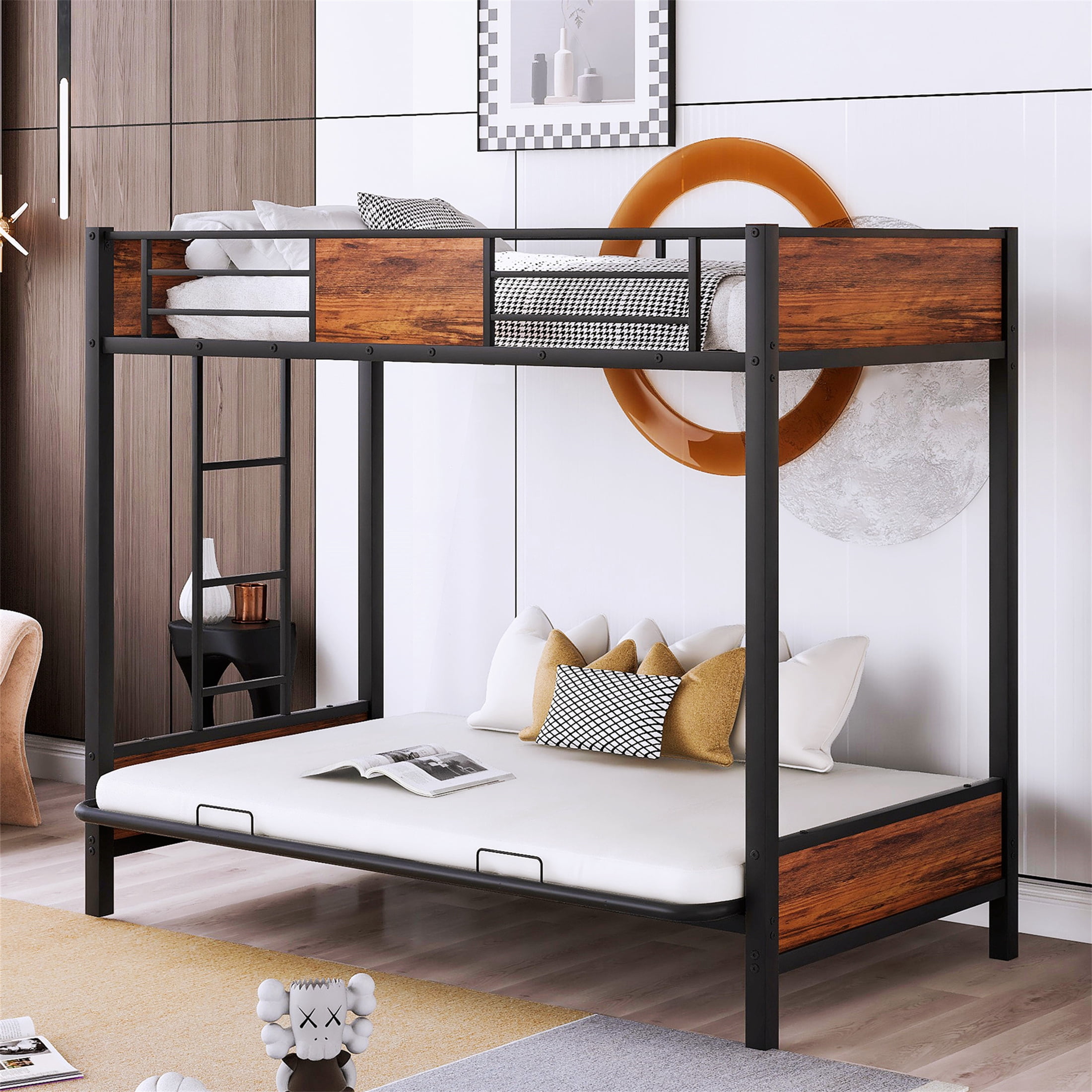 Aukfa Twin over Futon Bunk Bed, Metal Twin over Full Bunk Bed for Kids Teens, Space Save, Black