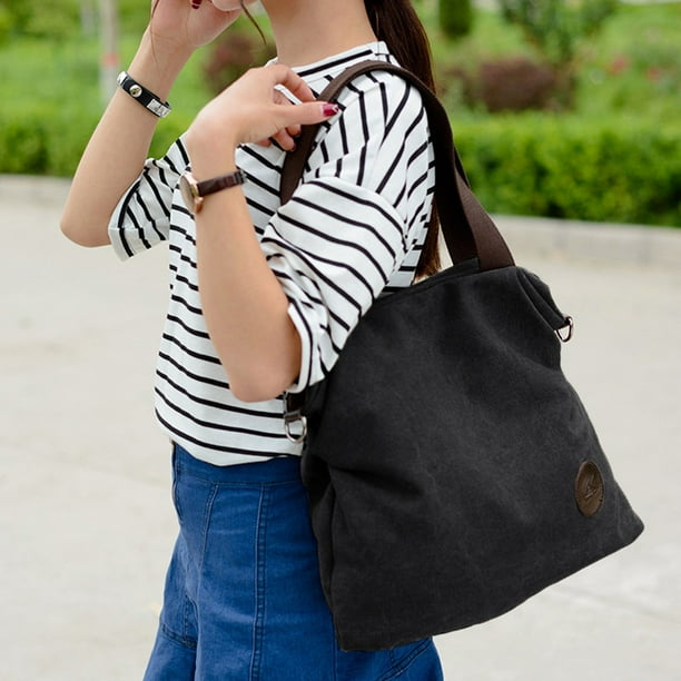 Women Canvas Crossbody Bag Solid Color Zipper Grab Handles Top Large