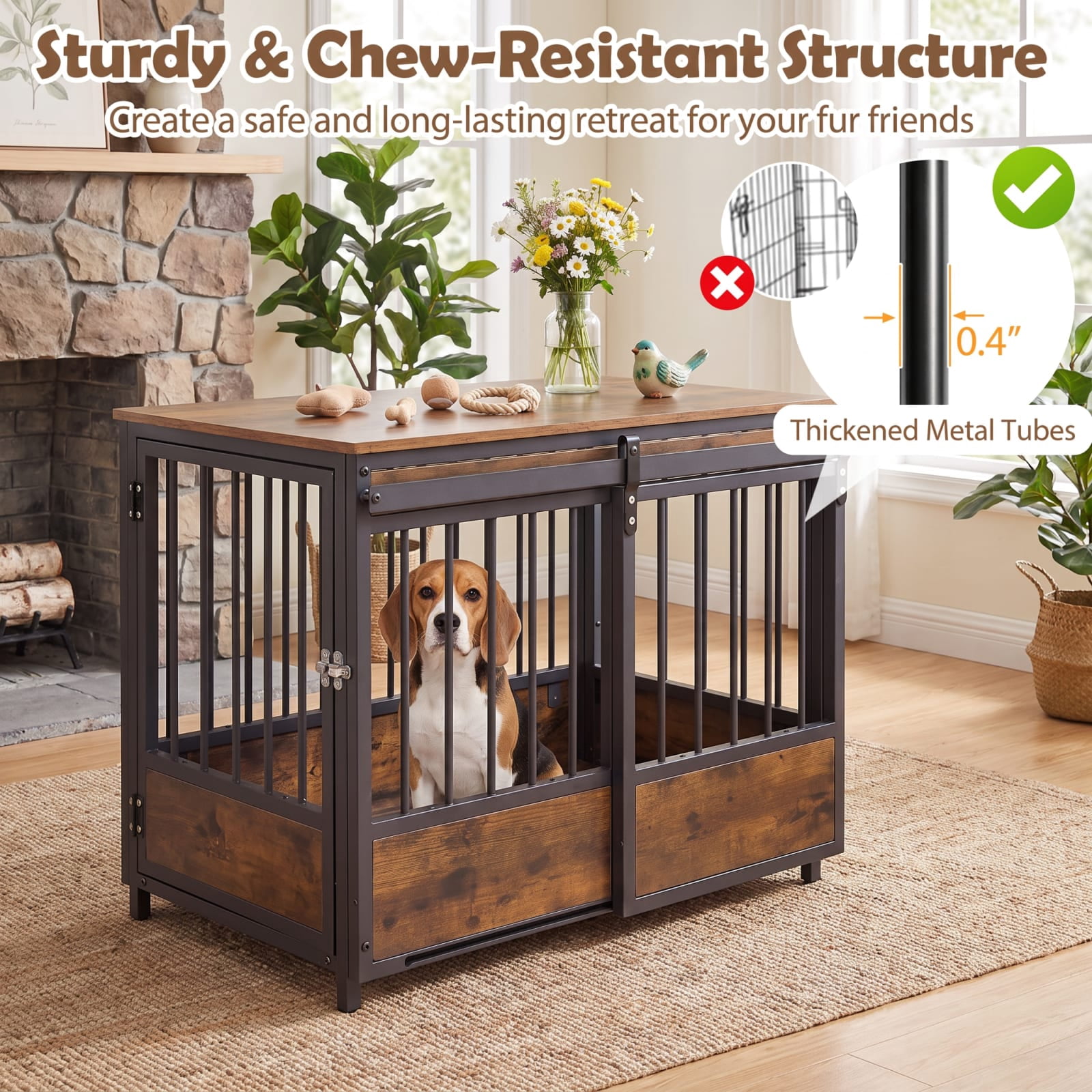 Vebreda 32.5-inch Furniture Style Dog Crate with 2 Doors, Sliding Barn Door and Oxford Mat, Rustic Brown